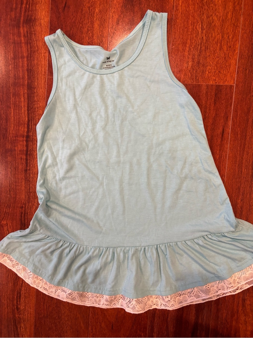 One Step Ahead Light Blue Tank Dress with Pink Lace Trim